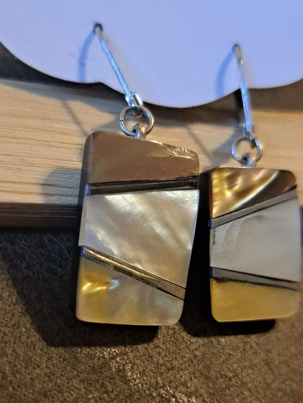 Inlayed Mother of Pearl Sterling Silver Slats Dangly Earrings Oblong Gorgeous